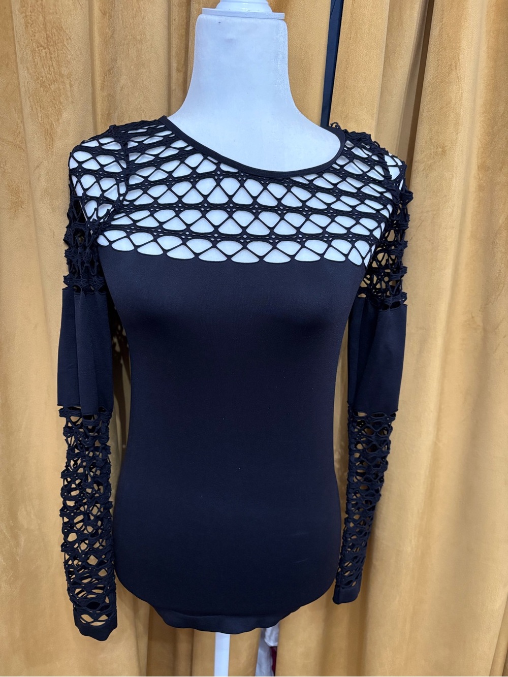 VENUS Black Long Sleeve Top with Crochet Net Detail